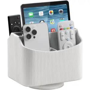 PU Leather Remote Control Holder, 360  Rotating Desk Organizer Storage Table Remote , Spinning Bedside Organizer Nightstand Organizer for Desktop Office  (White)
