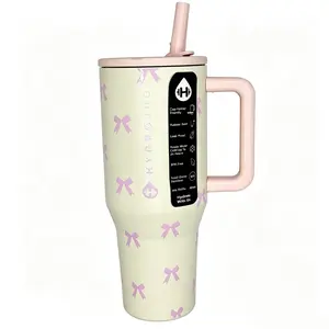 HydroJug 40oz Coquette Stainless Steel Vacuum Tumbler - Cute Pink Bow Print, Pink Handle, Straw, Leakproof Lid, 24-Hour Ice Retention, Travel Mug for Car, Gym