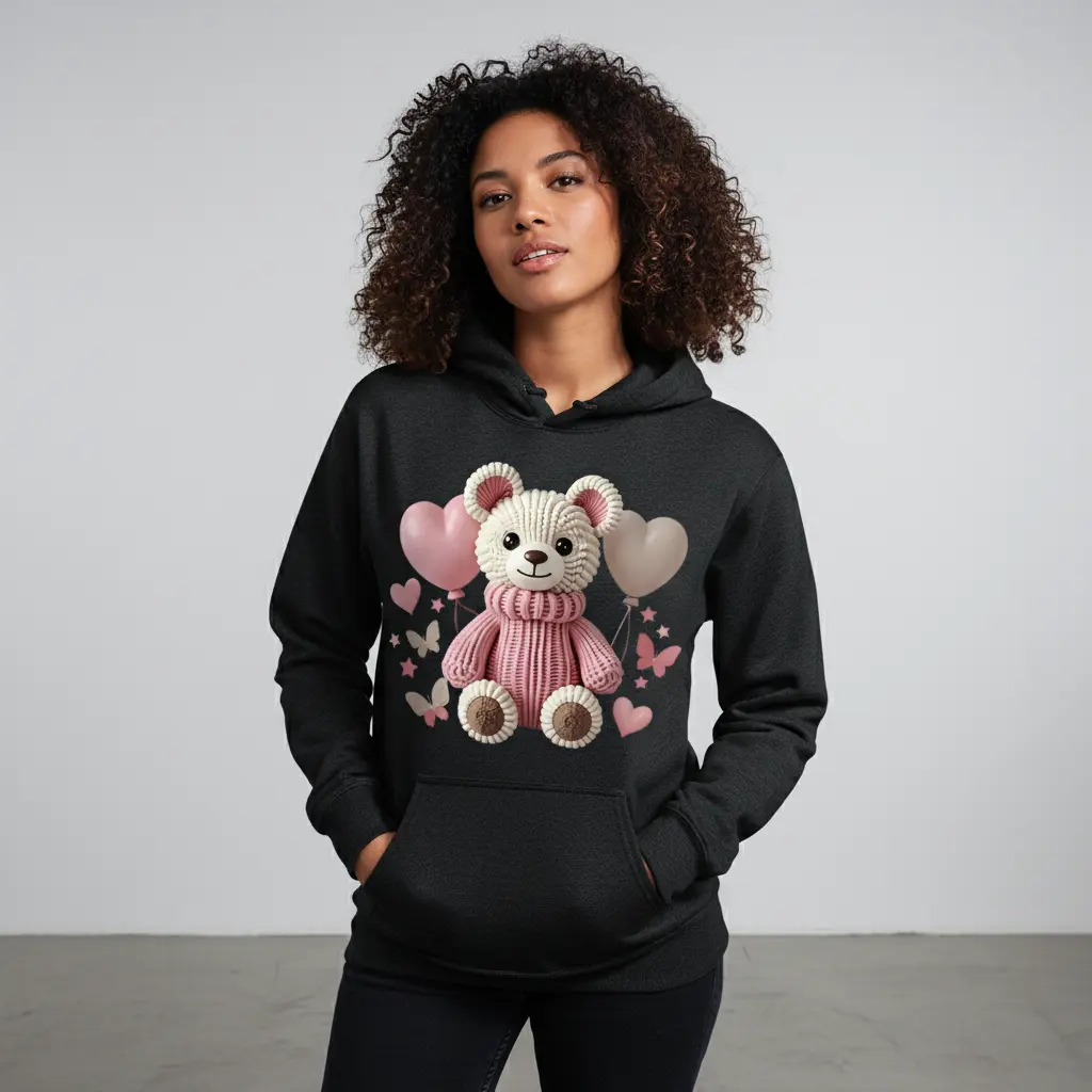 Women's Printed Cotton Hoodie & Tee - Fitted Long-Sleeve Sweatshirts, Bear Balloon Pullover, Vibrant Prints, Soft All-Seasons Everyday Wear, Multi-Size (S/M/L), Black Women's Tops