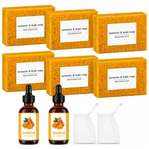 Turmeric Soap & Essential Oil Set, Including 6 Turmeric Soap & 2 Counts Essential 2  Foaming Net Oil Daily Hydrating Skin Care Set for Men& Women