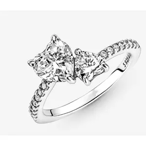 925 Sterling Silver Double Heart Sparkling Ring,Fit Charm Necklaces,Woman Fashion Ring,Fashion Jewelry,Gift For Her Statement Piece bridal ring Elegant Versatile