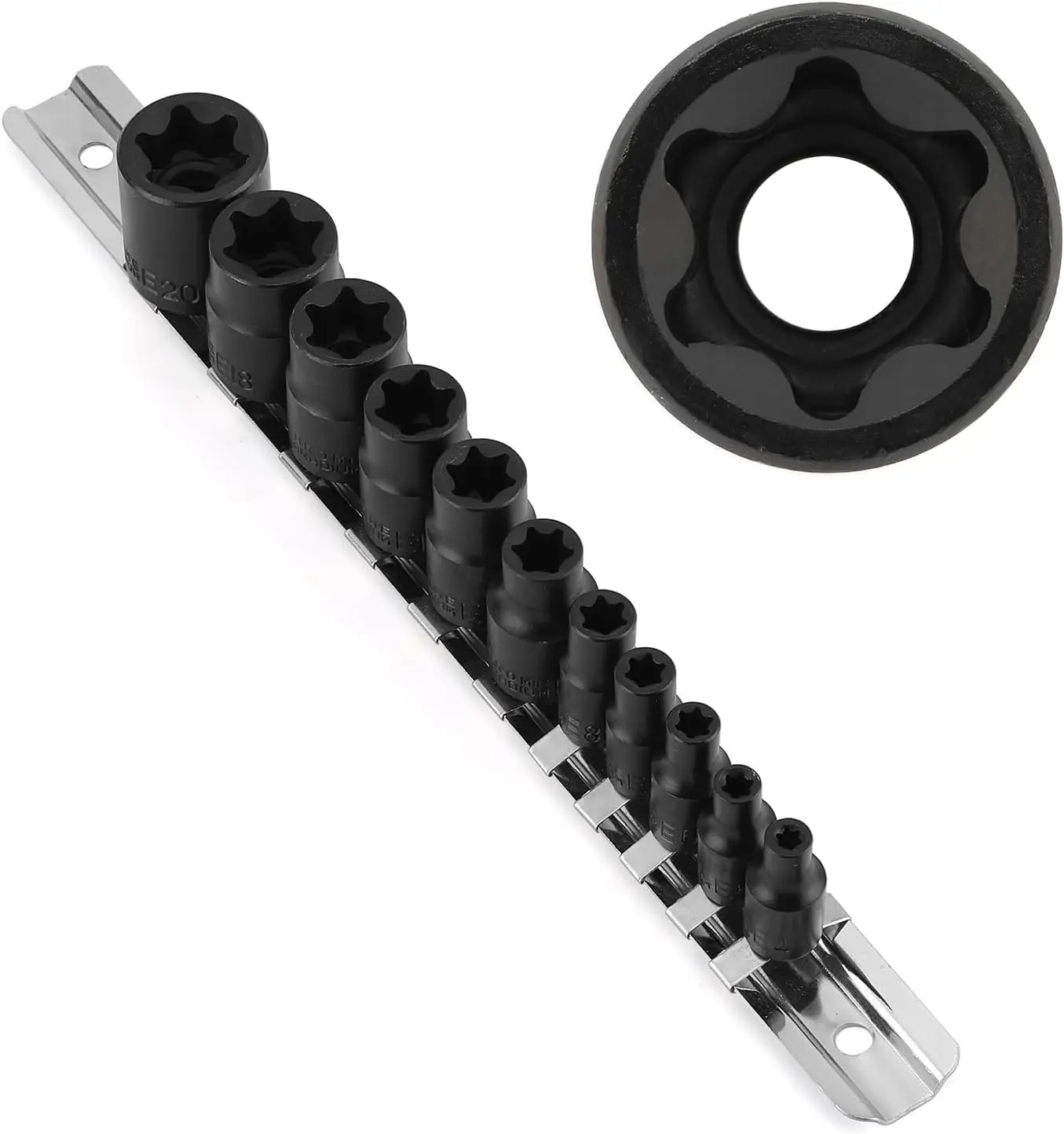 11 count Female Torx Socket Set, E Torx &  Socket Set with Rail, E4 - E20 Torque Sockets