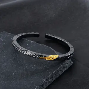 Black Flowing Fire Bracelet Trendy Personality Cold Style Simple Open Bracelet Texture Men's Solid Bracelet