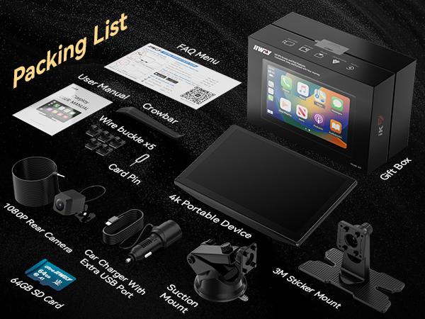 IK9 9" Wireless CarPlay & Android Auto Screen, Portable Car Stereo with 4K Dash Cam & 1080p Rear Camera, CarPlay with Backup Camera, Touch Screen GPS Display, Mirror Link, Apple Car Play Screen, Free 64GB