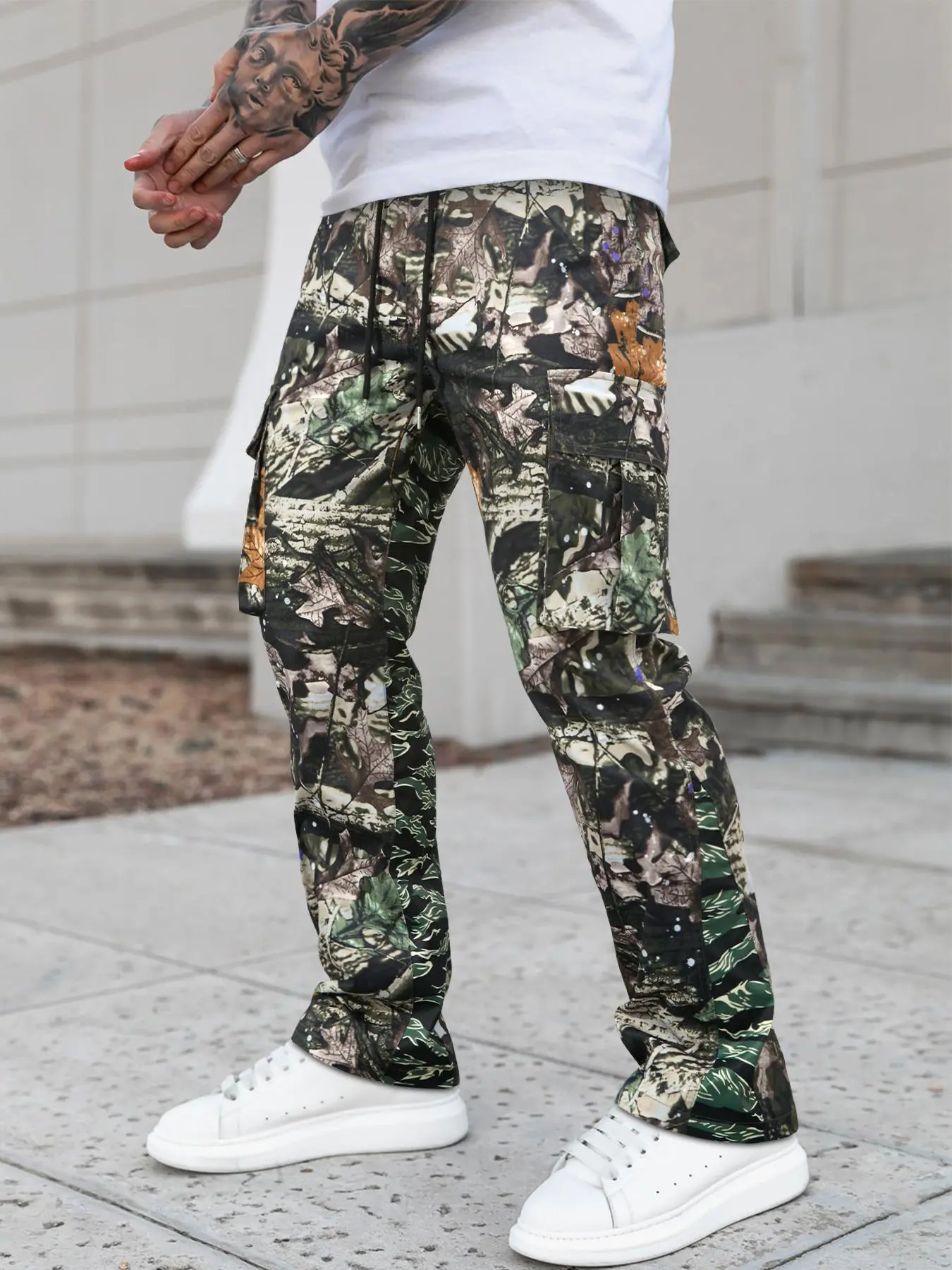 Unisex Regular Fit Flared Camo Print Camouflage Drawstring Waist Cargo Pants, Men's Street Fashion Casual Fashionable Pocket Trousers For Daily Wear, Fashion Men's Bottoms For All Seasons, Casual Streetwear Trousers