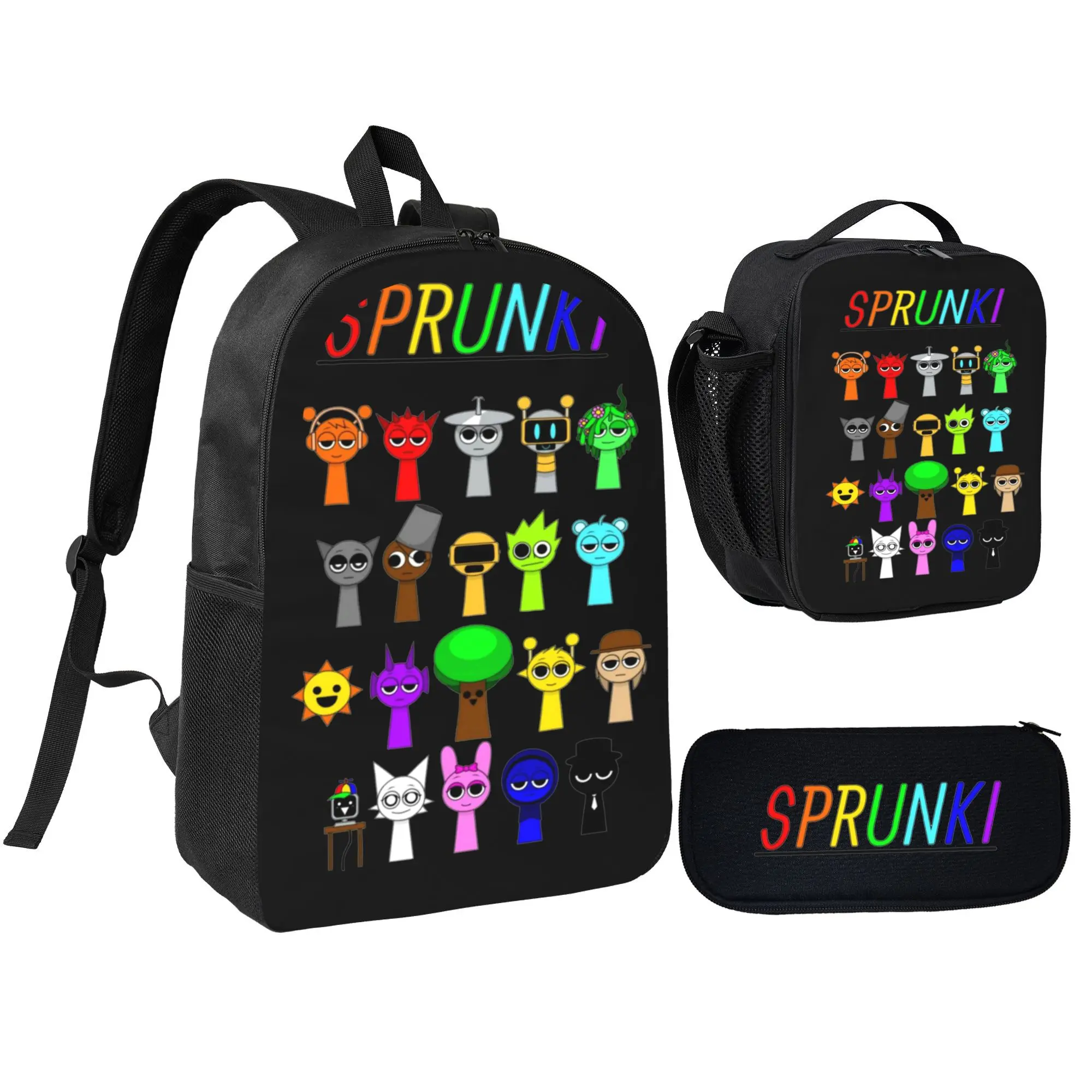 Sprunki Cartoon 3pcs Backpack set- School Bag + Pencil Bag + Thermal Lunch Box - Polyester, Lightweight, Suitable for School, Travel & Outdoor