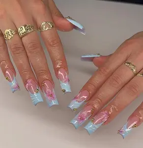 3D Floral Press On Nails: Baby Blue French Tip, Soft Pink Base, Long Square Handmade Nail Set