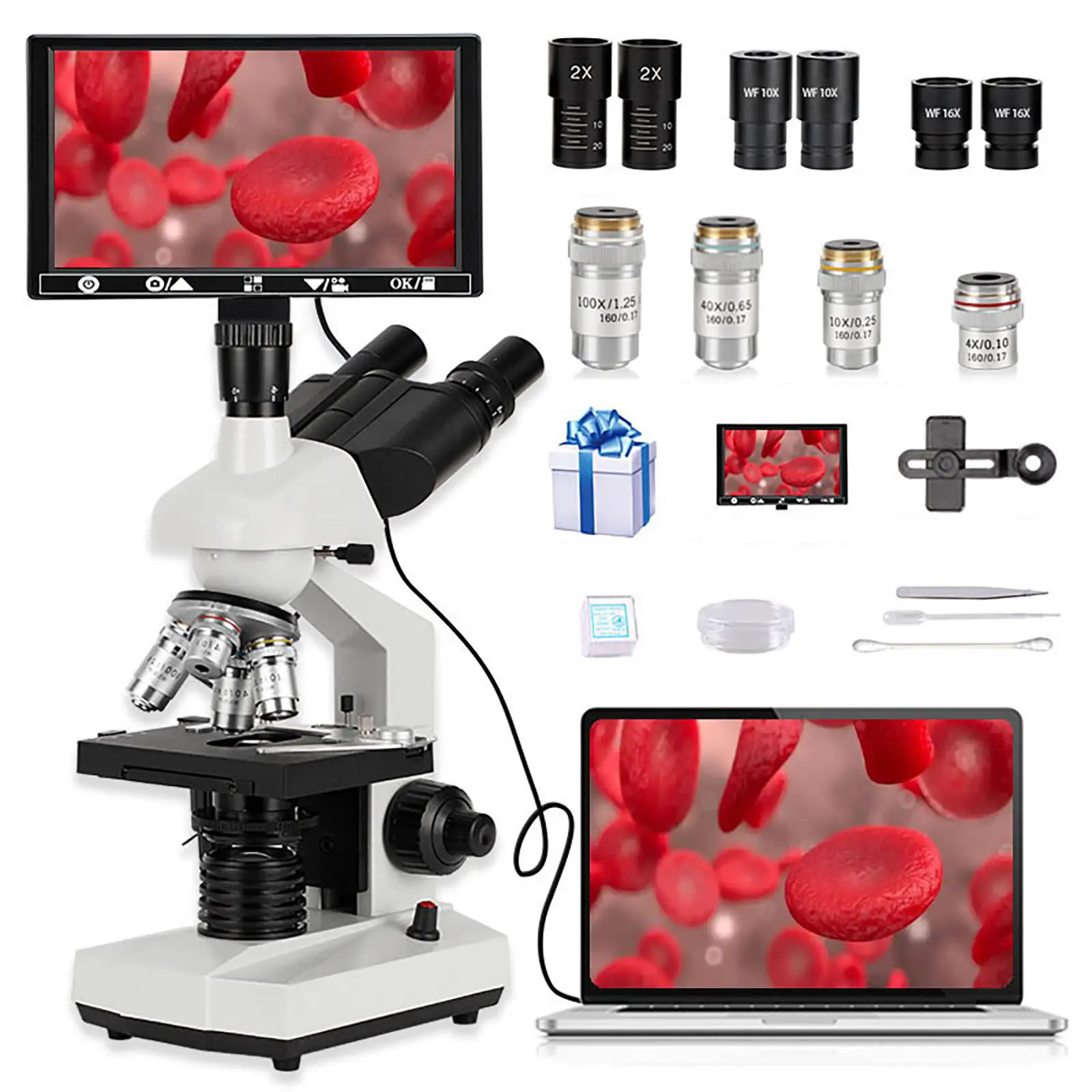 3-Eye Laboratory-Grade Scientific Tool Microscope, 40X-5000X Magnification, 10X/25X/40X/100X Lenses, 2X Objective Lens, LED Light Source, Dual Stages, 7-in Smart Screen with Computer Connectivity, Research-Level for Children and Adults (Detects Bacteria),