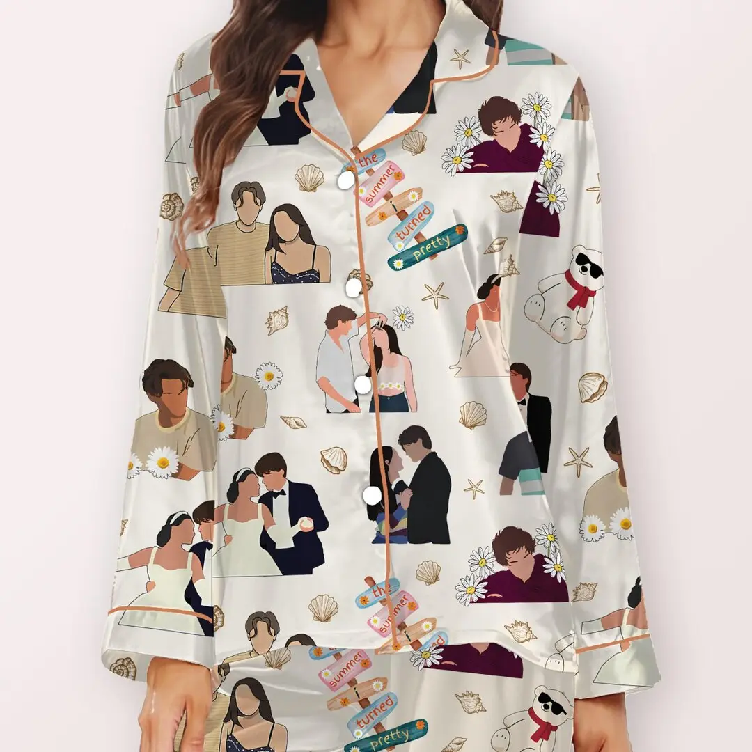 TSITP Pajama Set, The Summer I Turned Pretty Silky Satin Pajamas, Beachy Romance Print Loungewear