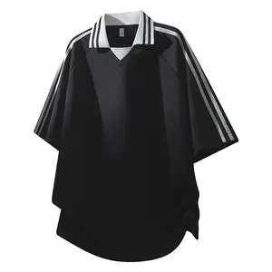 Men’s striped mock-neck short-sleeve T-shirt, new summer design, faux two-piece layered look, versatile trendy casual loose fit, unisex sports tee