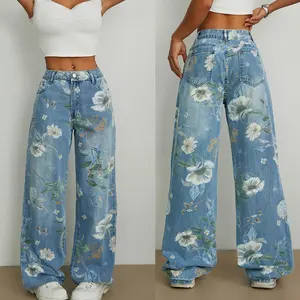 Women's Floral Print Denim Pants Lightweight Mid Waist Loose Wide Leg Jeans Trousers