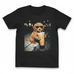 Goldendoodle Drinking Iced Coffee T-shirt, Funny Animals Graphic Tee, Gift For Coffee Lover, Dog Lover