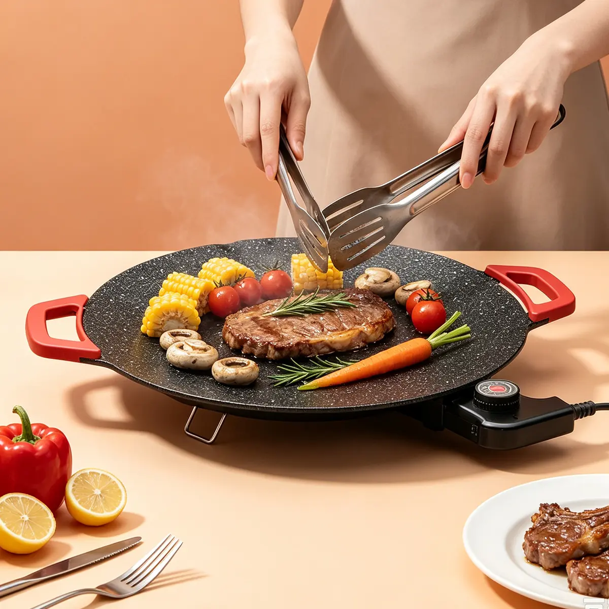 14-Inch Electric Indoor Smokeless Grill - Nonstick Round Griddle with Temperature Control for Kitchen BBQ, Steak non-stick pan