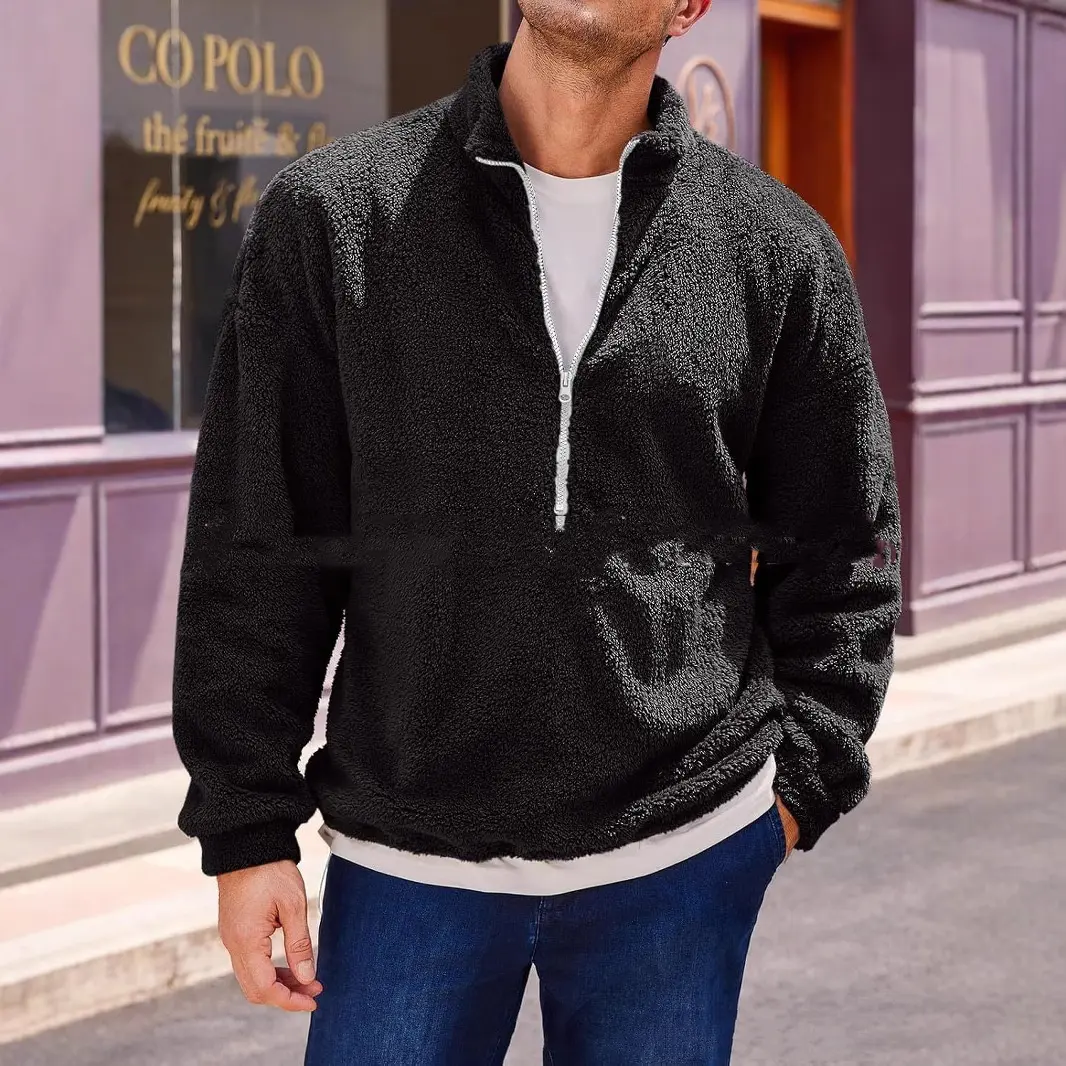 Men's Fuzzy Quarter Zip Pullover Sweatshirt - Comfortable Pull Over Long Sleeve Cotton Hoodie in Navy with Crew Neck Design Beige Plain Fabric apparel streetwear shirt fashion casual