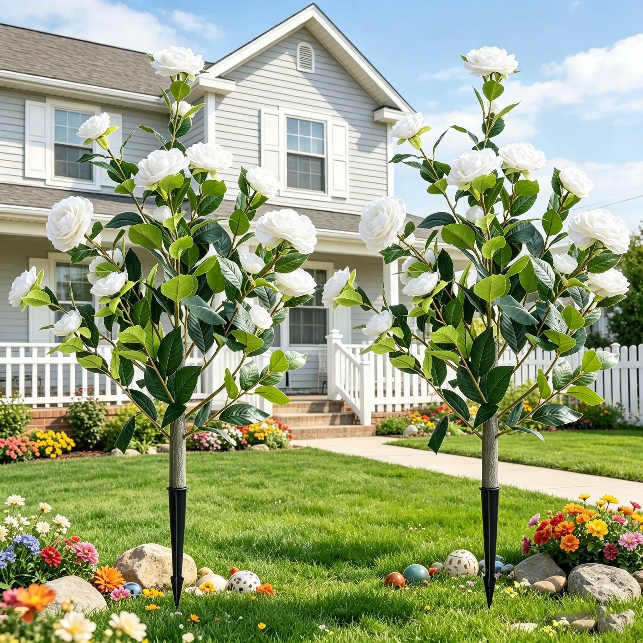 3.3FT Real Touch White Camellia Ground Stake Artificial Flowers 2 Pack, Weather Resistant Faux Camellia Bush Picks, Outdoor UV Resistant Fake Flower Stakes for Grave, Front Porch, Lawn & Wedding Decor.