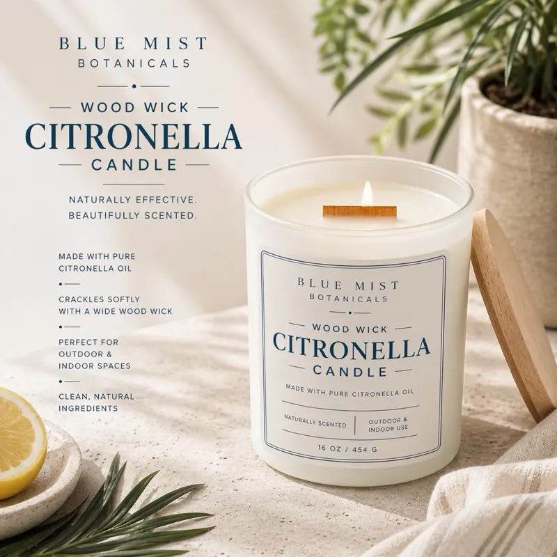 Blue Mist Botanicals Citronella Wood Wick Candle - 16 oz / 454 g - Naturally Scented with Pure Citronella Oil - Perfect for Outdoor & Indoor Spaces