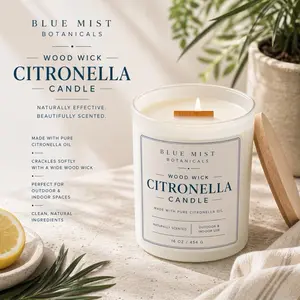 Blue Mist Botanicals Citronella Wood Wick Candle - 16 oz / 454 g - Naturally Scented with Pure Citronella Oil - Perfect for Outdoor & Indoor Spaces