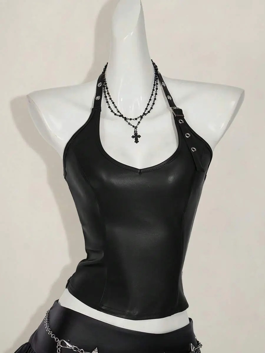 Sexy PU Faux Leather Women's Halter Tank Top Adjustable Buckle Strap Backless Crop Cami Y2K Biker Gothic Streetwear Summer Festival Rave Going Out Tops