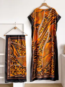 Elegant Boho Style Bohemian Leopard Print Shawl Dress Set, Multi-Color Long Robe with Headscarf, Beach Sun Protection Satin Scarf for Women, Matching Summer
