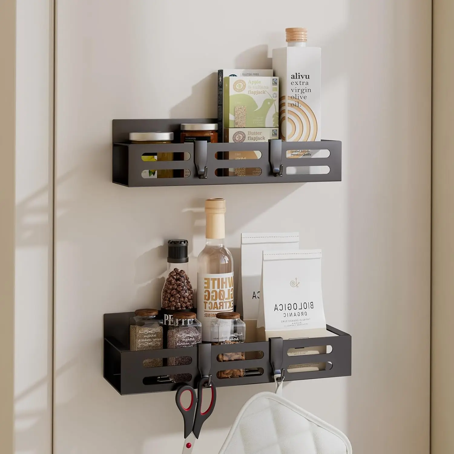 2 Pack Magnetic Spice Rack for Refrigerator, Black Magnetic Shelf and Fridge Kitchen Cabinet Organizers Storage Seasoning Organization Mini Shelves