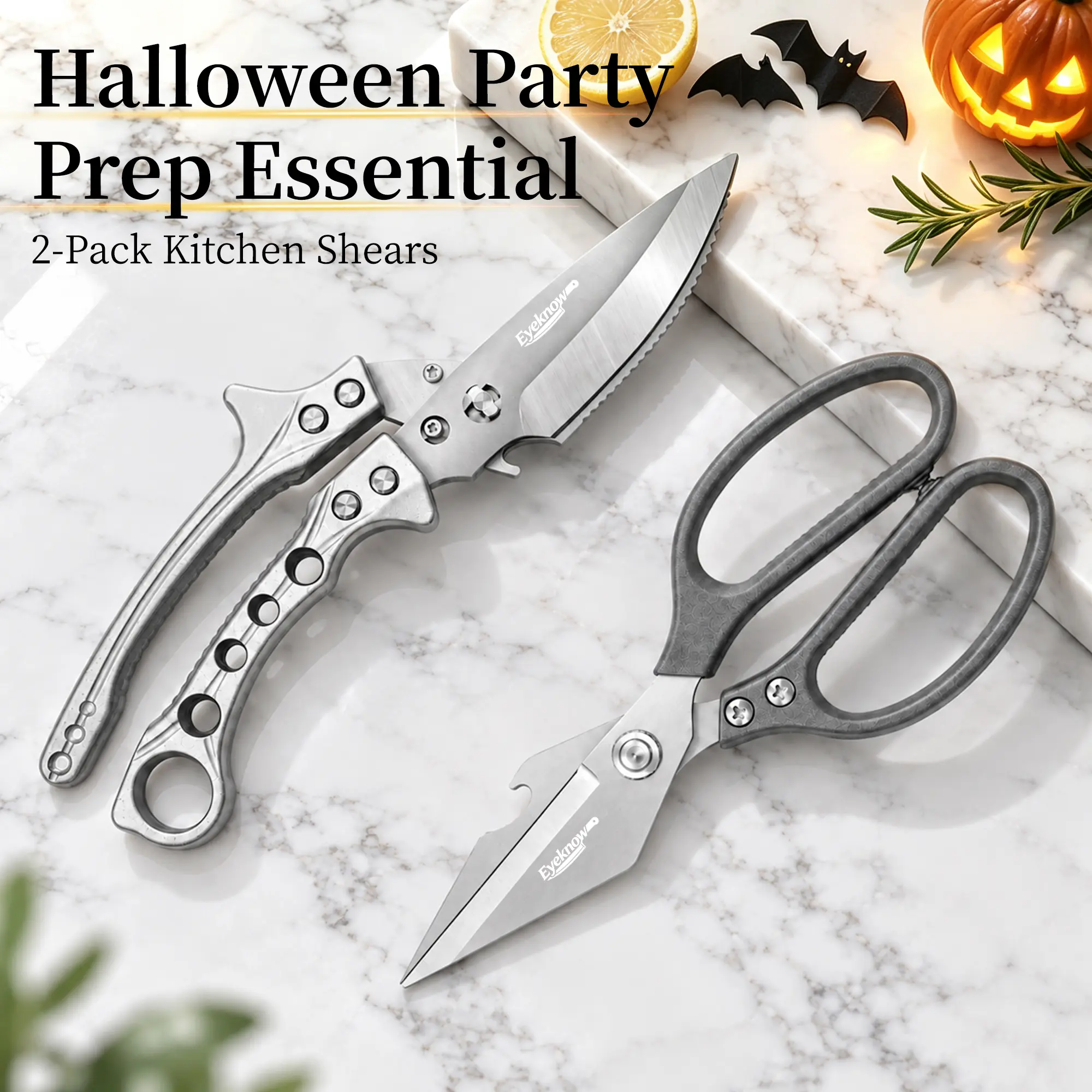 【Buy 1 GET 2】EyeKnow 2-Piece Heavy Duty Kitchen Scissors with Handles - All-Metal Stainless Steel Detachable Dual-Edge Shears, Bone Notch, for Chicken Bones, Pork Prep, Holiday-Use, Dishwasher Safe, Gift Box Packaging