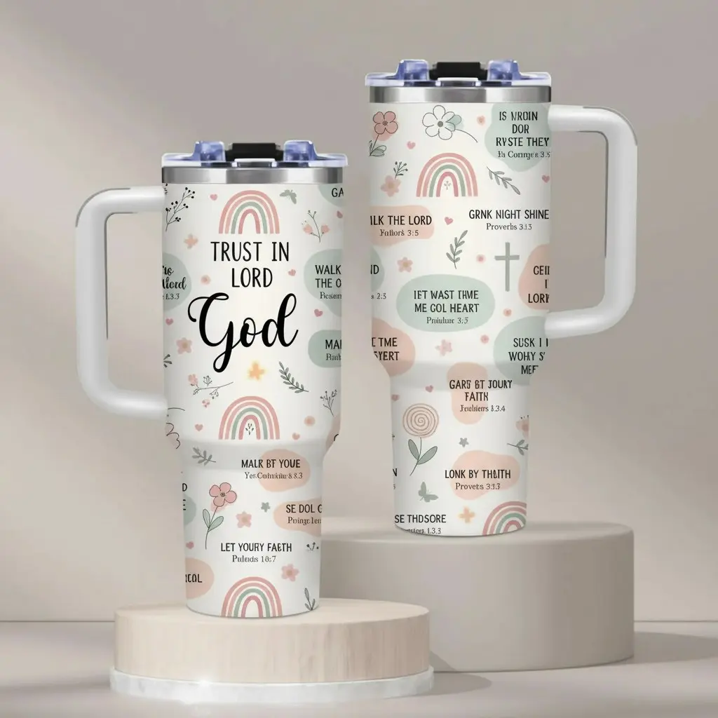 1PC Christian Faith Scripture Quotes 40oz Traveler Tumbler BPA Free With Handle & Straw Featuring Trust in God Inspirational Pastel Floral Design with Rainbows for Home Office Church Easter Mother's Day Birthday Gift Local Warehouse Presents for Men