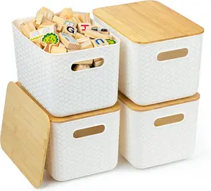 4 Packs Storage Bins with Bamboo Lids - Plastic Storage Containers with Lids Stackable Storage Box: Storage Baskets for Organizing Desktop Closet Playroom Classroom Office, White