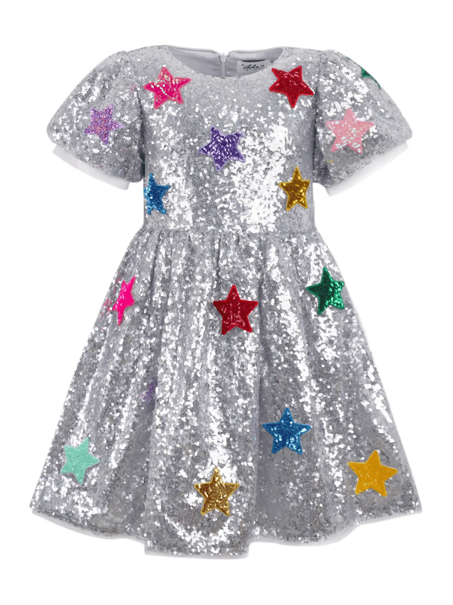 Women's Sparkle Sequin Dress with Colorful Stars - Casual Flared Short Puff Sleeve Party Mini Dress for Celebrations, Shortsleeve