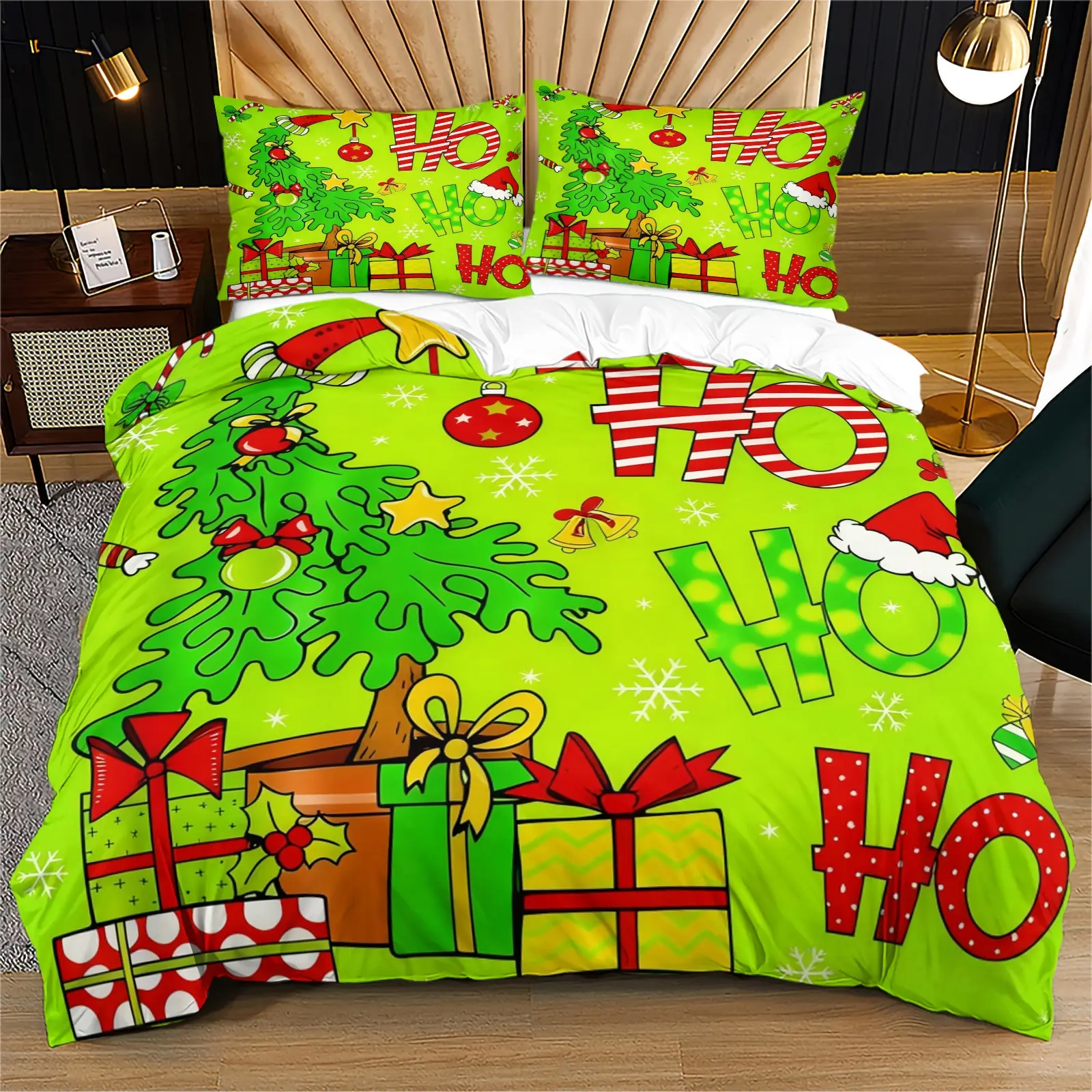 Green haired Christmas tree style pattern, soft bed cover set, including 1 cover and 1 or 2 pillowcases, without cotton core, suitable as a Christmas gift