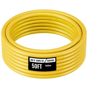 VEVOR NM-B Wire, 6AWG/3C Non-Mettalic Residential Indoor Electrical Wire with Ground, PVC Sheathed High-Purity Copper Core Cable, for Outlets, Switches, Other Loads Lighting Wiring Projects(50 ft)