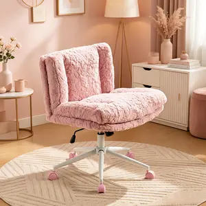 Adjustable Swivel Chair, Pink Faux Rabbit Hair Office & Vanity Chair, 26.4" Extra Wide Seat with Metal Base, Comfortable Home Desk Chair