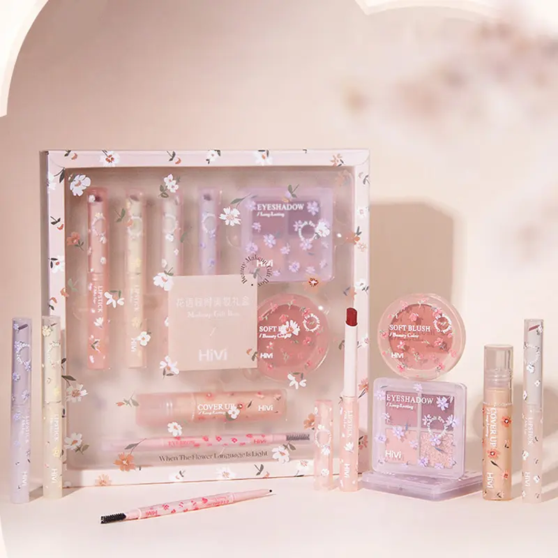 Beginner All-in-one Hydrating Moisturizing Cosmetic Makeup Gift Set Makeup Kits 4 Shades Moist Lipstick 4 Color Eyeshadow Single Shade Blush Spot Cover Concealer Dual End Eyebrow Pencil Face Makeup Sets