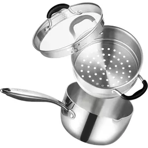 Tri-Ply Full  Stainless Steel Sauce Pan with Steamer,1.5 Quart Small Multipurpose Pasta Pot with Strainer Glass Lid, Saucepan with Pour Spout for Cooking Stay-cool Handle.