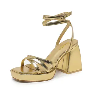 Amoji Women's 4 Inch Platform Strappy Chunky Heels Ankle Strap Block Heeled Sandals 305 High Wedge Gold Platform Sandals Walking Shoes Footwear for Summer
