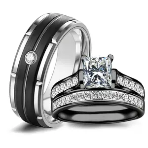 Couple Wedding Ring Set for Men & Women – Stainless Steel Black Band with Cubic Zirconia Engagement Ring, Matching Promise Rings