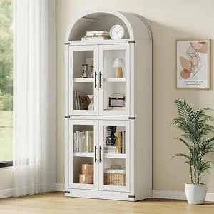 Arched Bookshelf with Doors ，Wooden Display Cabinet Rounded Bookcases for Living Room, Kitchen, Office (White)