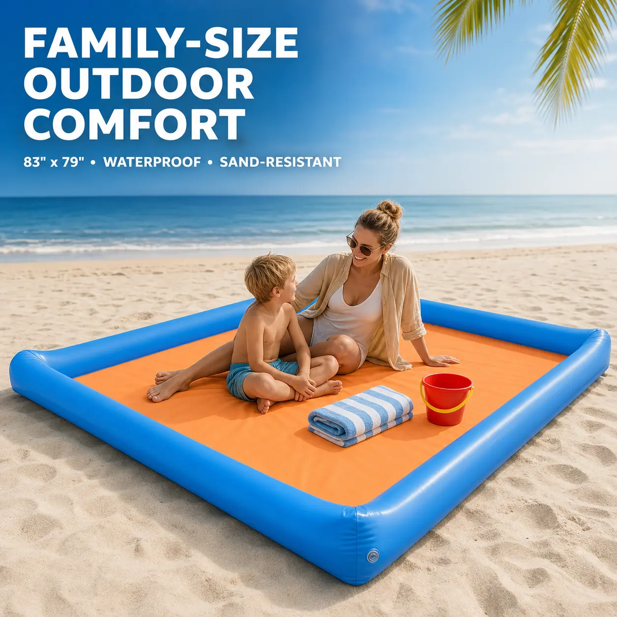 Extra-Large Sandproof Beach Blanket – 2-in-1 Inflatable Beach Mat & Shade Tent, 83" x 79" Family Outdoor Mat with Built-In Air Pillow, Waterproof Sand-Resistant Surface & Storage Bag