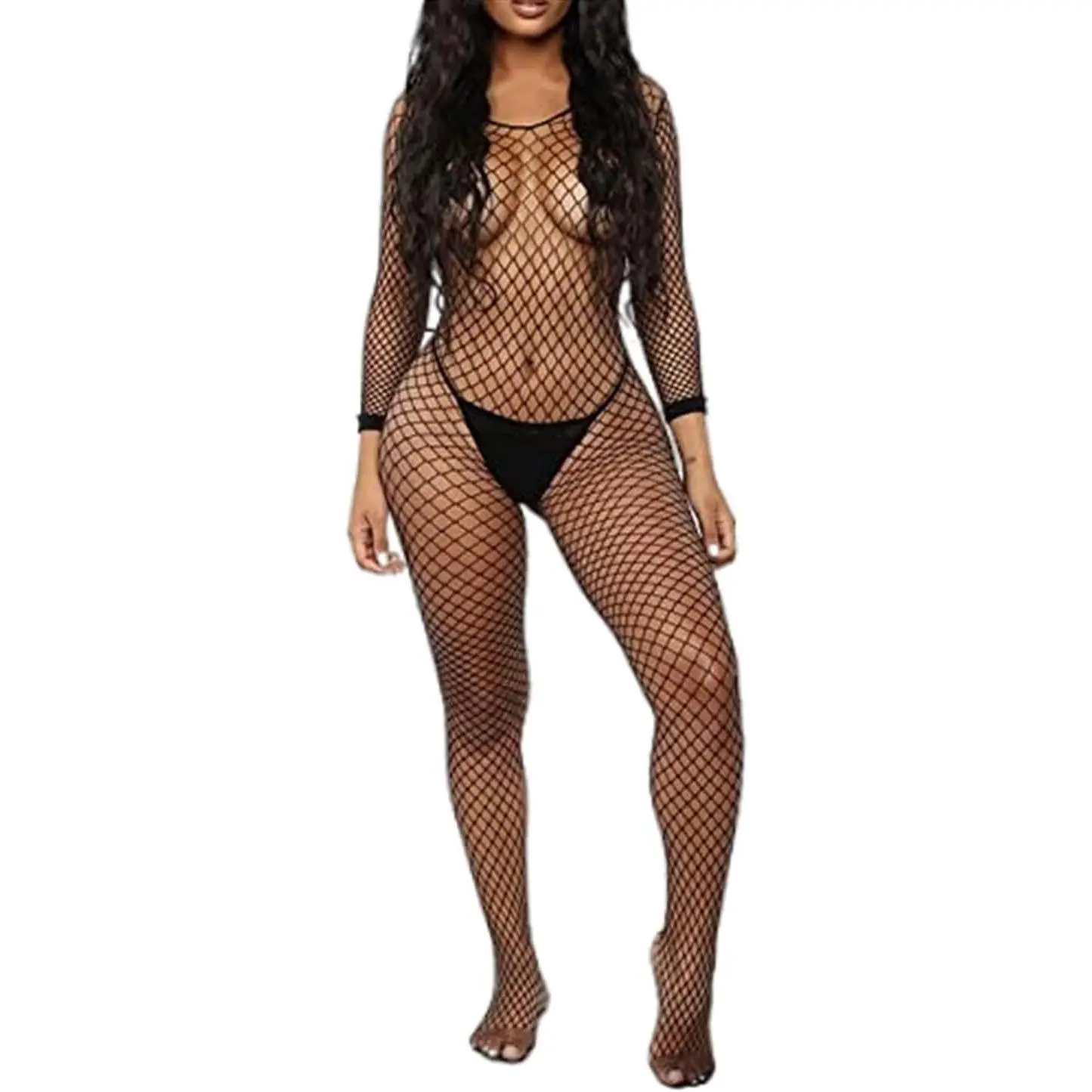 Women's Sexy Mesh BodyStocking Fishnet Lingerie Long Sleeve Bodysuits One Piece Jumpsuit Underwear Nightwear