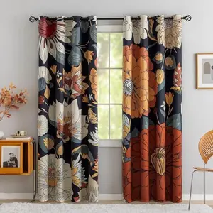 Tyrot Boho Floral 100% Blackout Curtains for Bedroom 2 Panels Mid Century Botanical Black Out Curtains for Living Room Grommet Thermal Insulated Room Darkening Window Drapes