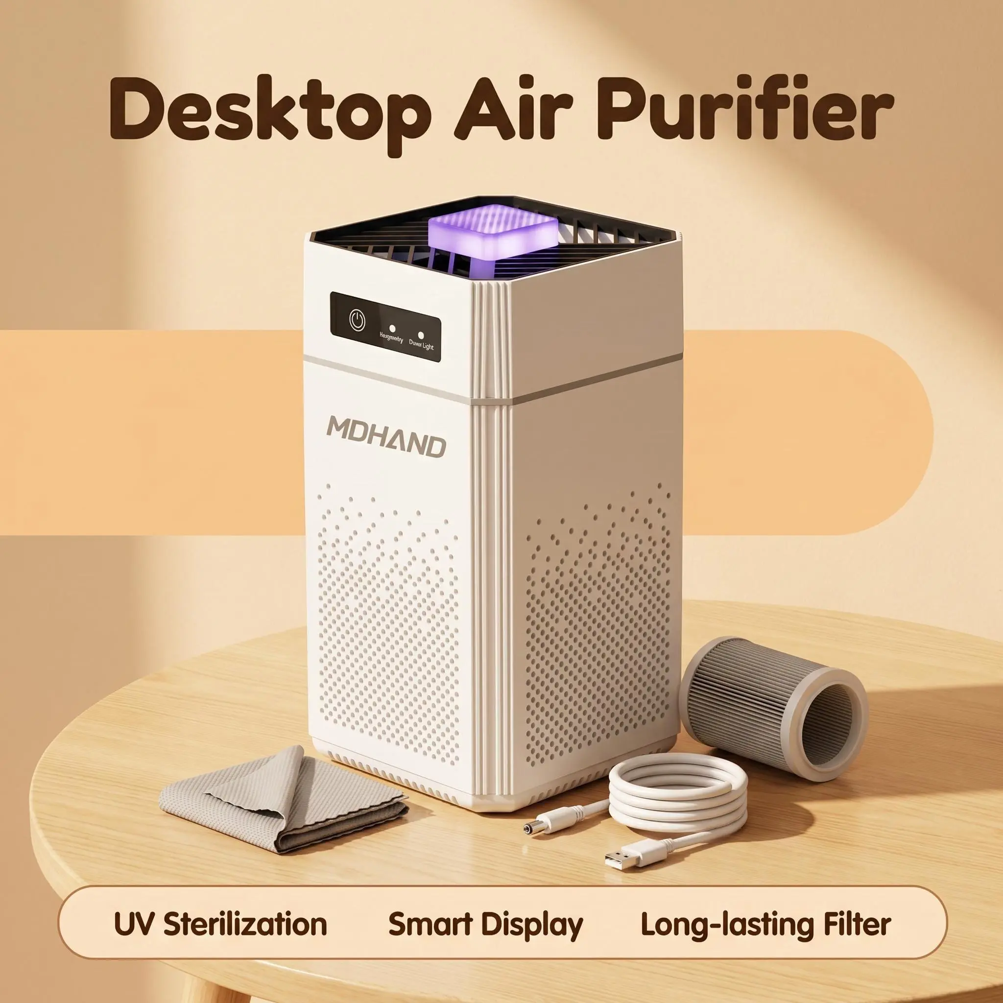 MDHAND Desktop Portable Air Purifier for Home Office, HEPA Filter, UV Sterilization, Smart Touch Control, Quiet Sleep Mode, Extra Replacement Filter, USB Cable Included