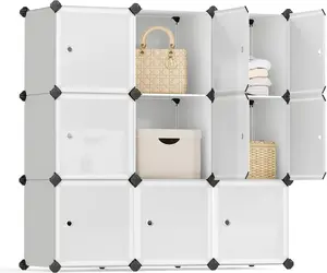 Cube Storage Organizer, Set of 9 Plastic Cubes, Storage Shelves, DIY Plastic Closet Cabinet, Shelving with Doors for Bedroom, Living Room, White