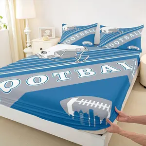 Sports Football Bed Sheets White and Sky Blue Rugby Helmet Bedding Set,Football Themed Fitted Sheet Retro 3D Ball Game Sheets