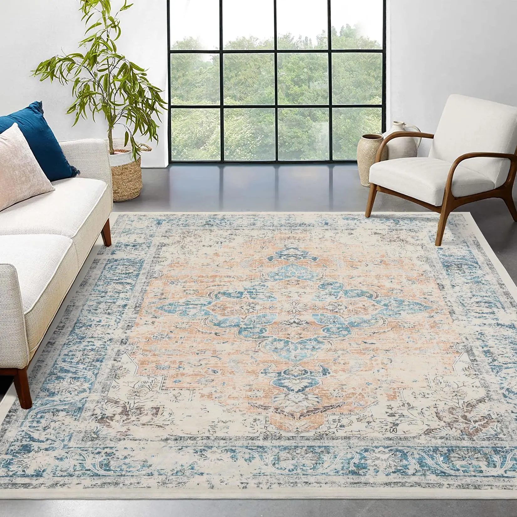GARVEE Washable Rug 5x7 Area Rug for Living Room Non Slip Vintage Rug Throw Rug Non Shedding Soft Rug Bedroom Rug Stain Resistant Carpet for Office Dining Room Nursery, Coral
