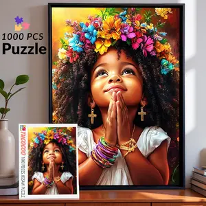 Faithful Prayer Girl 1000 Pieces Jigsaw Puzzle, Inspirational Christian Girl with Floral Crown Prayer Portrait Colorful Faith Artwork, Challenging Brain Game for Adults Family Fun Stress Relief Gift Wall Decor 27.5x20inch 70x50cm
