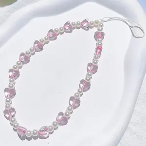 Faux Pearl Decorated Heart Shaped Phone Lanyard, Elegant Phone Decorative Beaded Strap, Fashion Phone Accessories for Women & Girls, Pink, White, Aesthetic, Phone Charms