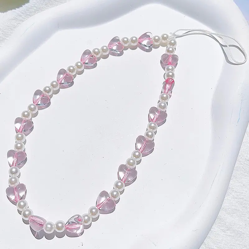Faux Pearl Decorated Heart Shaped Phone Lanyard, Elegant Phone Decorative Beaded Strap, Fashion Phone Accessories for Women & Girls, Pink, White, Aesthetic, Phone Charms, Mobile Phone Lanyard, Phone Chain, Phone Decoration