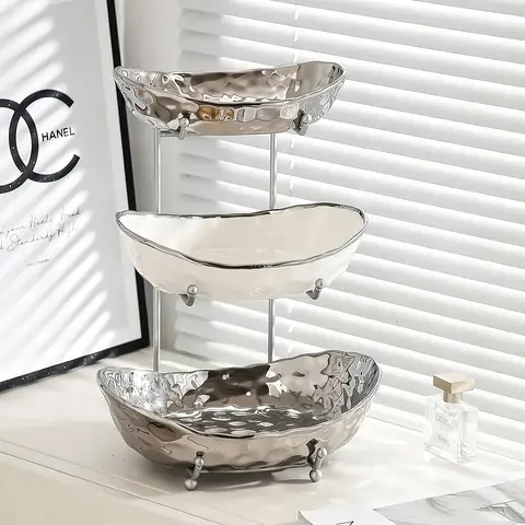 Kitchen countertop 3-layer fruit bowl organizer - ceramic tiers with metal frame, space-saving layered fruit basket for kitchen countertop, stores fruits, vegetables, snacks, nuts, desserts