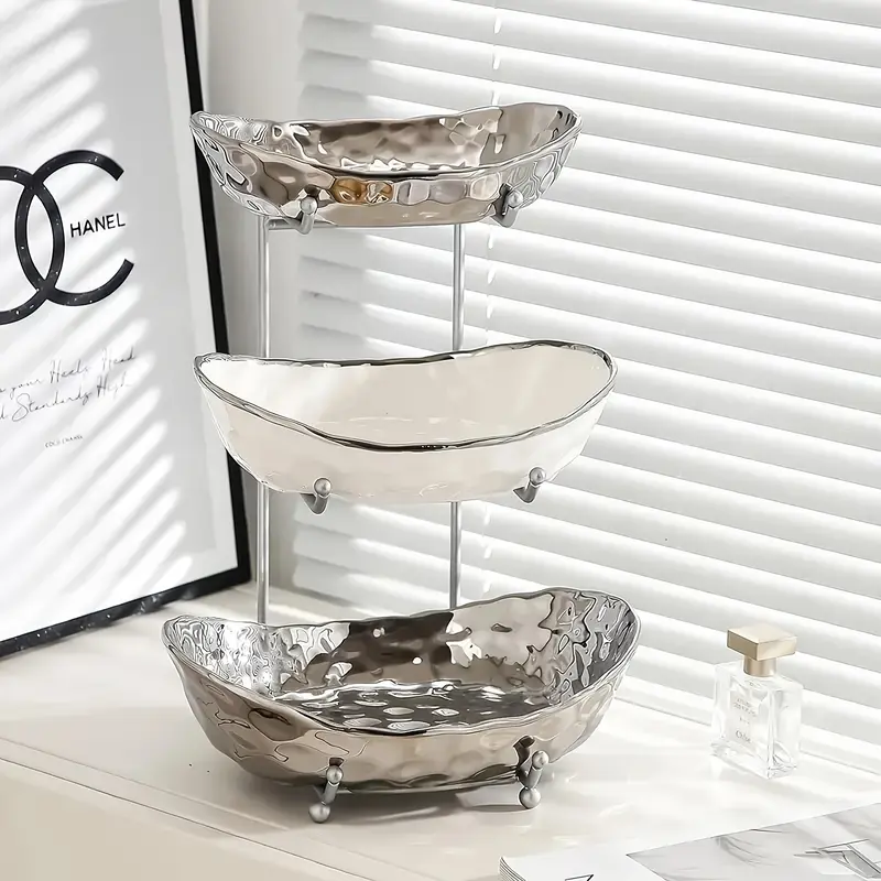 Kitchen countertop 3-layer fruit bowl organizer - ceramic tiers with metal frame, space-saving layered fruit basket for kitchen countertop, stores fruits, vegetables, snacks, nuts, desserts