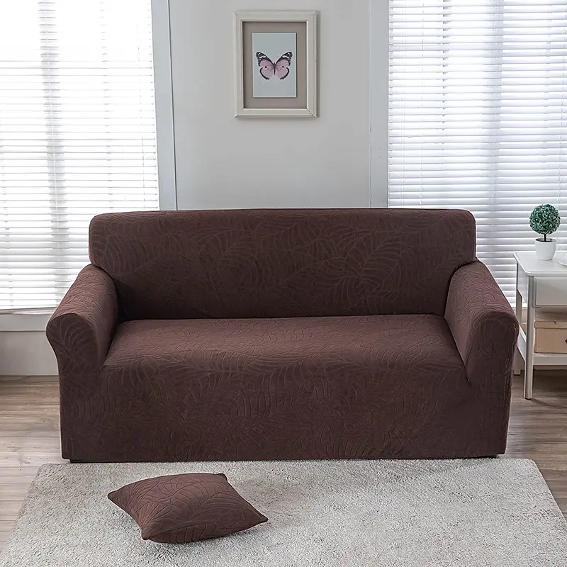 Dark Pattern Leaf Jacquard Elastic Sofa Cover, Stretchable Sofa Cover, Elastic Sofa Slipcover, Solid Chocolate Sofa Protector, Single/dual/triple/quad Seat, Pet Proof