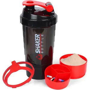 16OZ Protein Bottles with Mix Ball Portable Sports Water Leak Proof GYM Cup for Protein Mixes with Storage & Pill Organizer, Ideal for Pre Workout,BPA Free (Red)